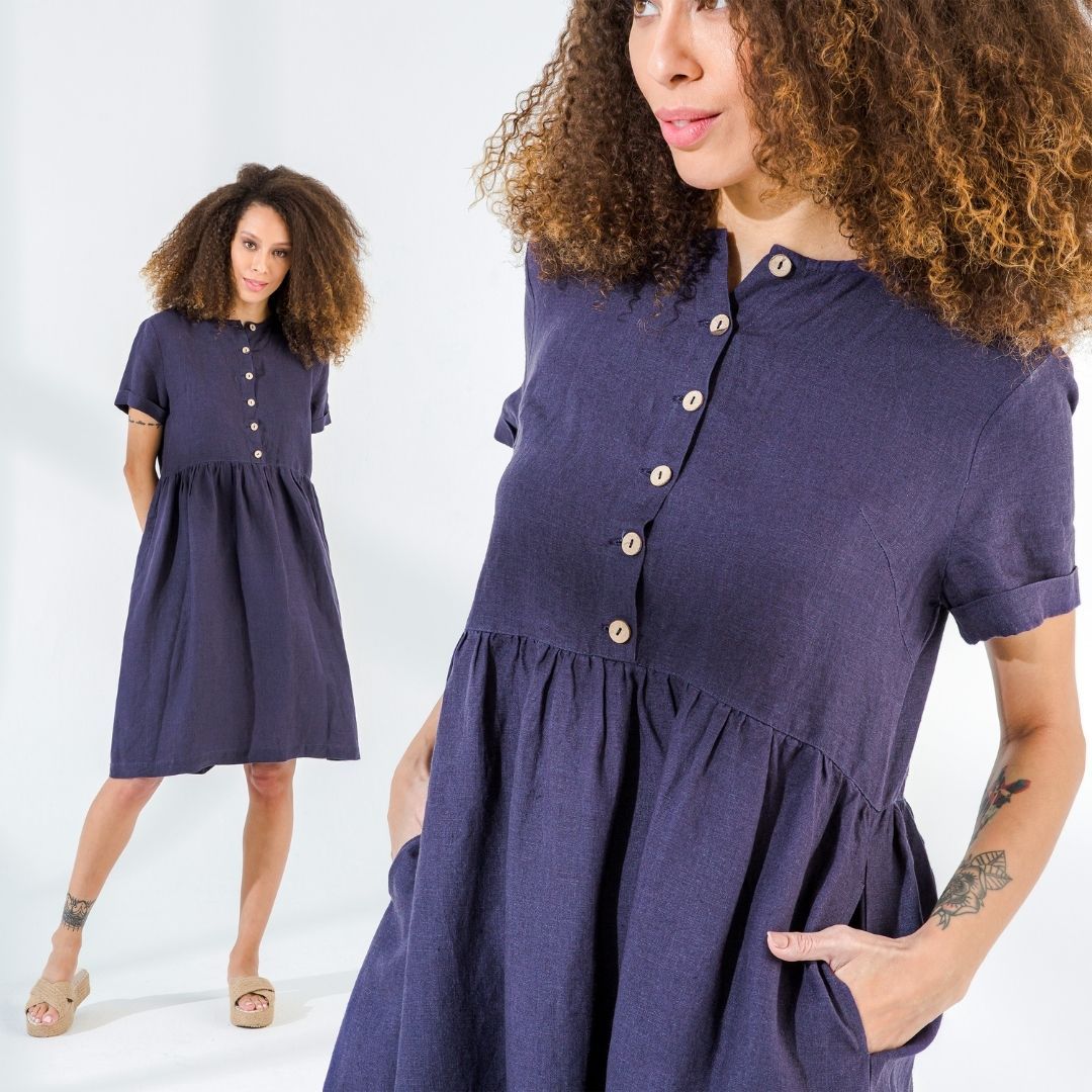 Half-Button Linen Casual Dress