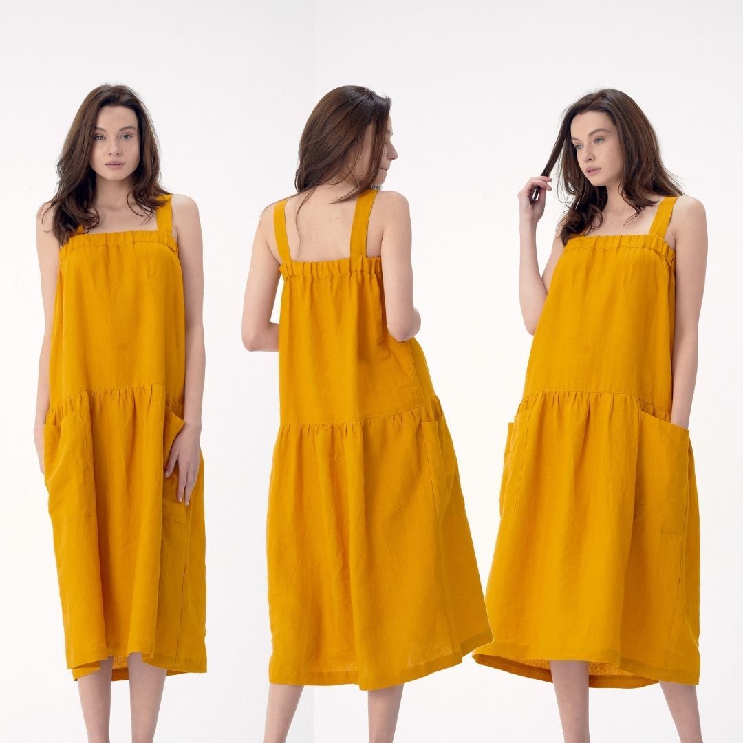 Square Neck Midi Linen Dress